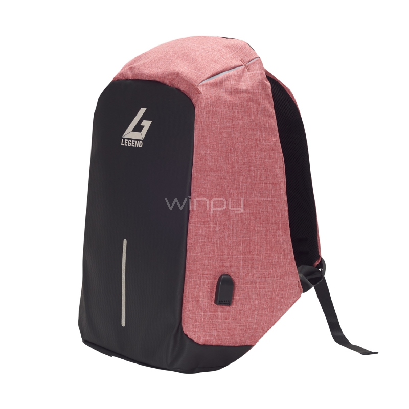 Mochila Antirrobo Legend M1713 - Negra/Rosado (Cierre Seguridad, Tela Impermeable Anticortes, Cargador USB)