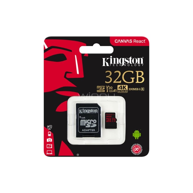 Tarjeta microSD Kingston Canvas React 10 de 32GB para vídeos 4K (SDHC/SDXC, UHS-I, adaptador SD)