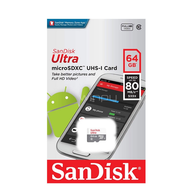 Tarjeta microSDHC SanDisk de 64GB (Clase 10, UHS-I, con adaptador SD)