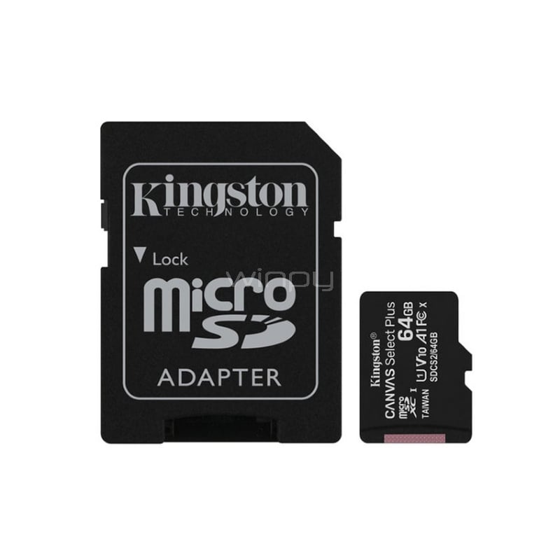 Tarjeta de memoria Kingston 64GB Canvas Select Plus UHS-I microSDXC con adaptador SD