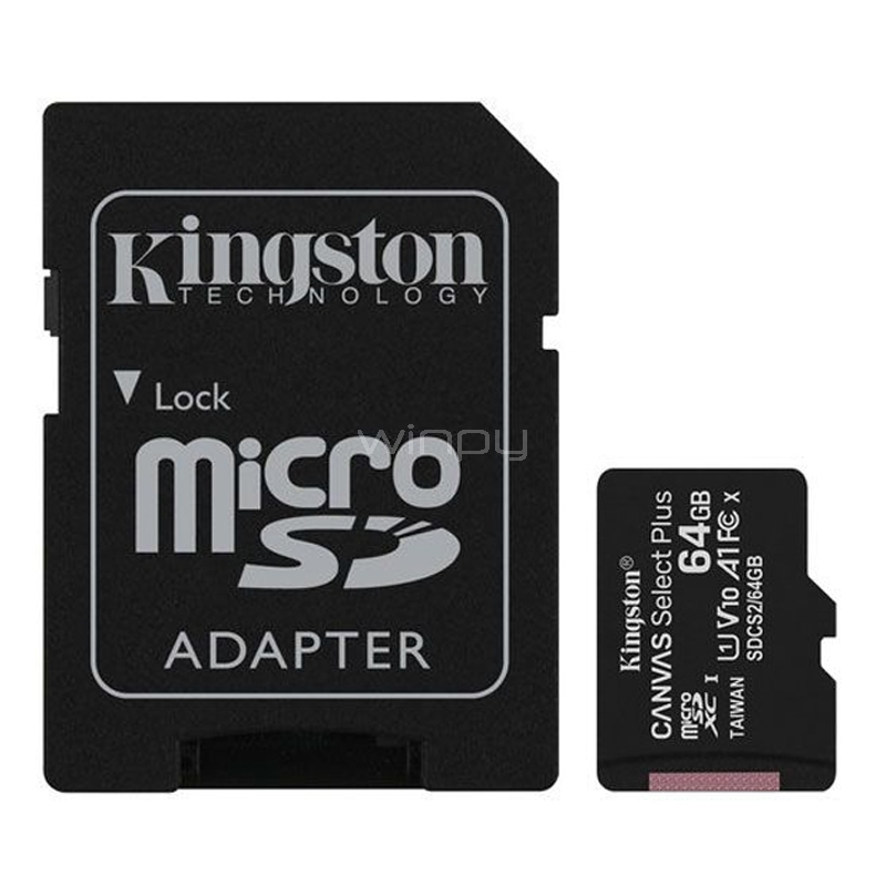 Tarjeta de memoria Kingston 64GB Canvas Select Plus UHS-I microSDXC con adaptador SD