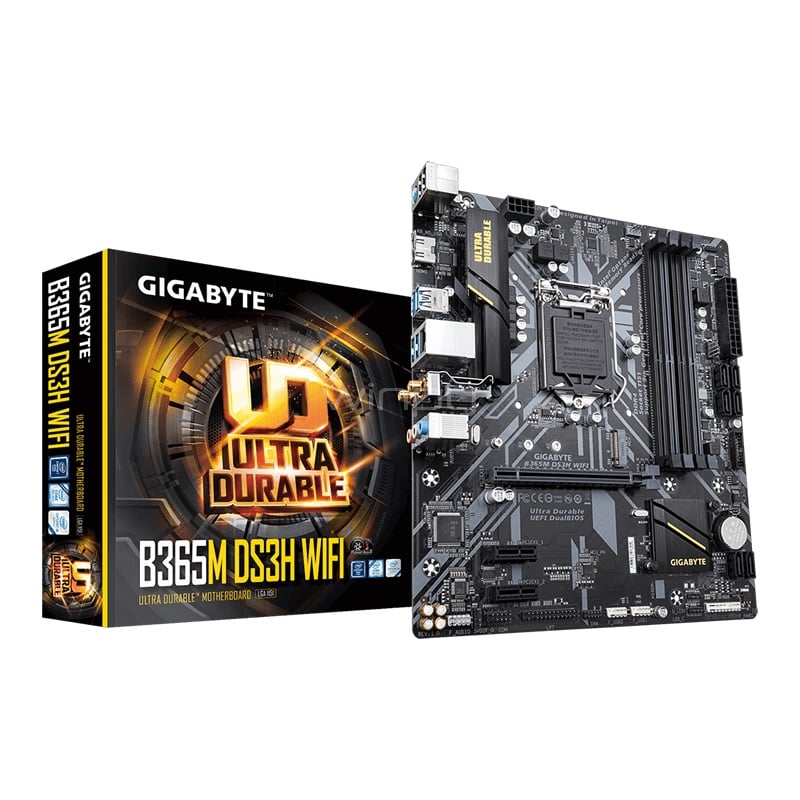 Placa Madre GIGABYTE B365M DS3H WIFI (LGA1151v2, DDR4 x4, M2, RGB, 802.11ac, Micro ATX)