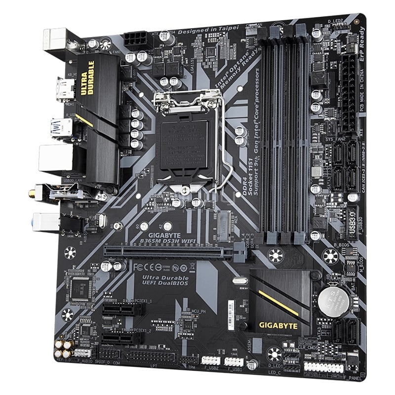 Placa Madre GIGABYTE B365M DS3H WIFI (LGA1151v2, DDR4 x4, M2, RGB, 802.11ac, Micro ATX)