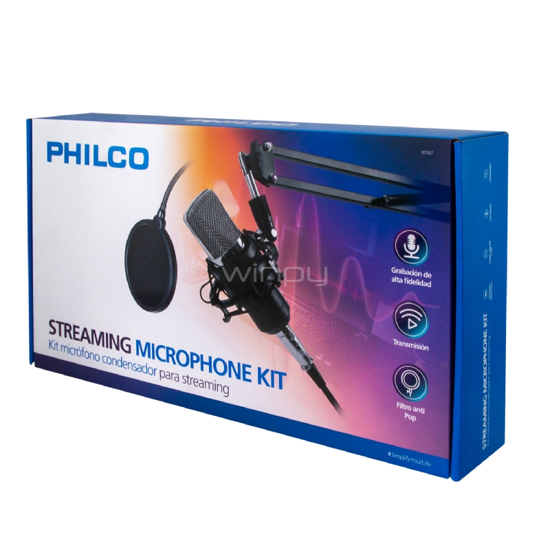 Kit Studio Micrófono con Soporte, Antipop y Stand Philco (USB, PC/Mac)