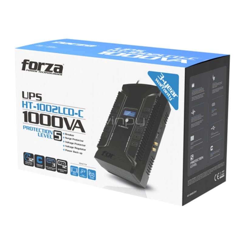 UPS Forza HT-1002LCD-C Interactiva (1000VA/600W, 220V, 12 Salidas CEI 23-50)