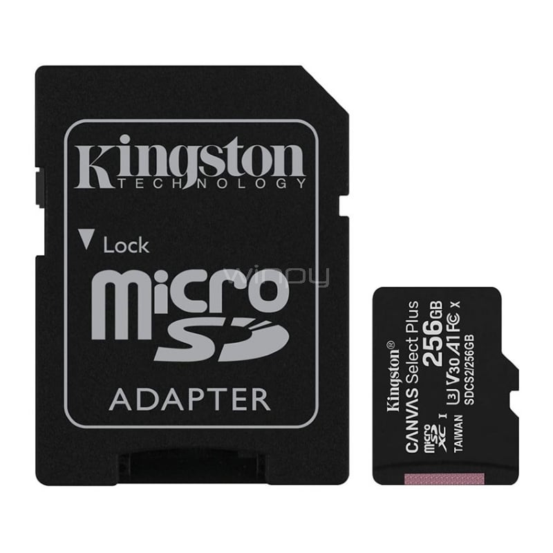 Tarjeta de memoria microSD Kingston Canvas Select Plus de 256GB (Class 10, con adaptador SD)