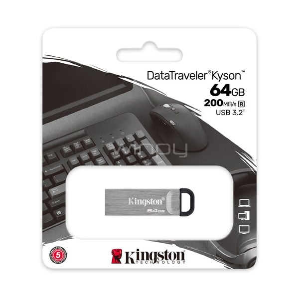 Pendrive Kingston DataTraveler Kyson de 64GB (USB 3.2, 200MB/s, Plata)