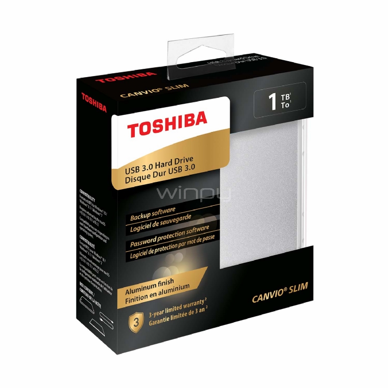 Disco portátil Toshiba Canvio Slim de 1TB (USB 3.0, Mac/PC, Plata)