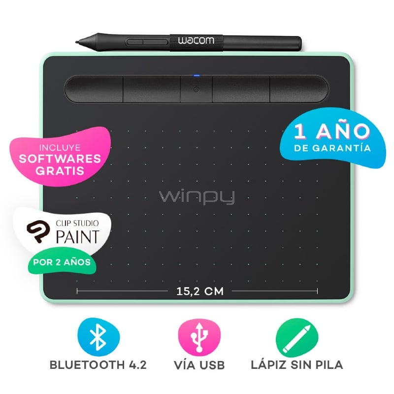 tableta digitalizadora wacom intuos creative pen bluetooth (pequeño, lápiz, verde pistacho)