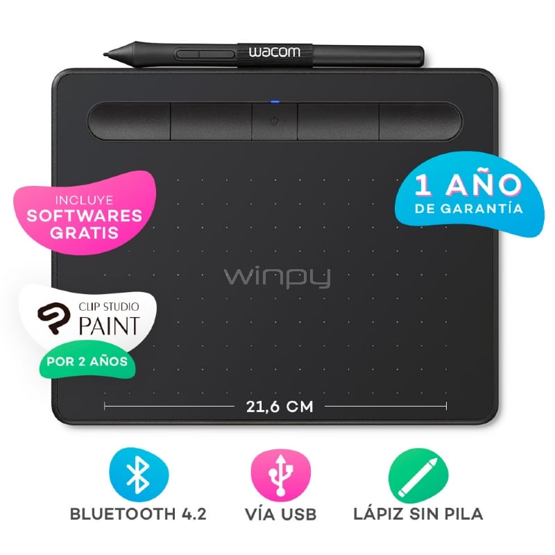 Tableta Digitalizadora Wacom Intuos Creative Pen Bluetooth (Mediano, Lápiz, Negro)