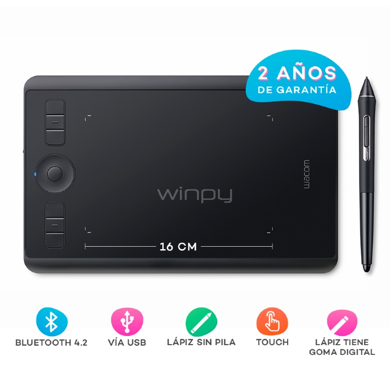 Tableta Digitalizadora Wacom Intuos Pro Inalámbrico (Pequeño, USB/Bluetooth, Negro)