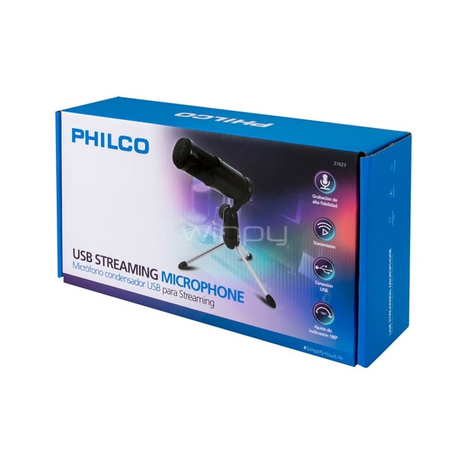Micrófono de condensador Philco con Trípode (USB, Negro)