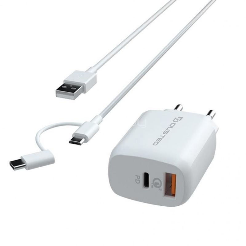 Cargador con Cable 2en1 Dusted para iPhone y iPad (20W, USB-C / microUSB, Blanco)