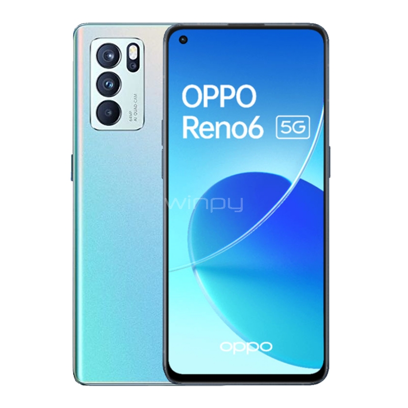 Celular OPPO Reno6 5G de 6.43“ (OctaCore, 8GB RAM, 12GB Internos, Aurora)