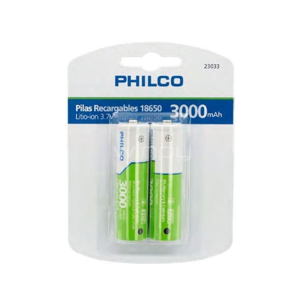 Pack Baterías Recargable 18650 Philco (Litio-Ion, 3.7v, 3.000mAh, 2 Unidades)