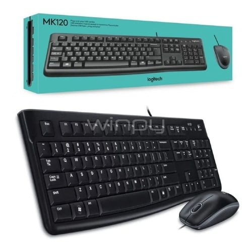 Pack de teclado y mouse Logitech MK120 (alámbrico USB, Español, Negro)