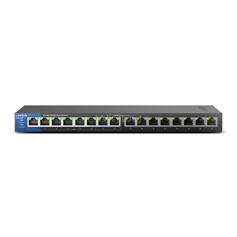 Switch Linksys LGS116P de 16 Puertos (Gigabit Ethernet, 32 Gbps, PoE+, 50 W)
